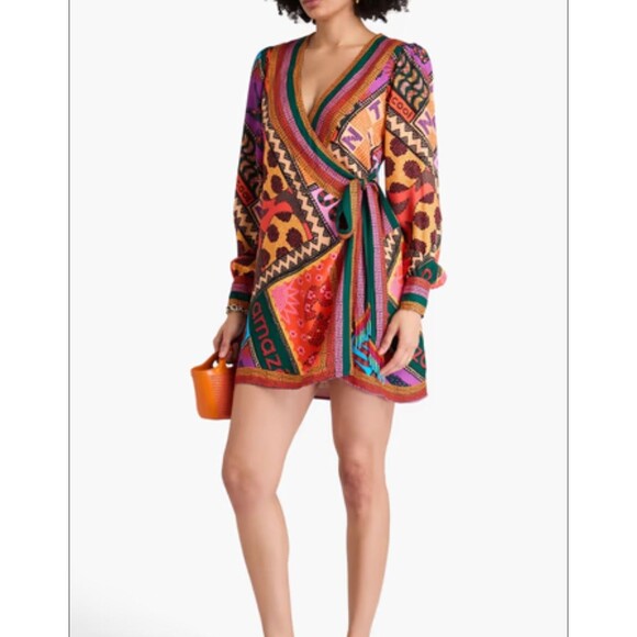 Farm Rio Dotted Patch Scarf Mini Dress S Small Wrap Tassel Tie Mixed Print $225 - Picture 5 of 13